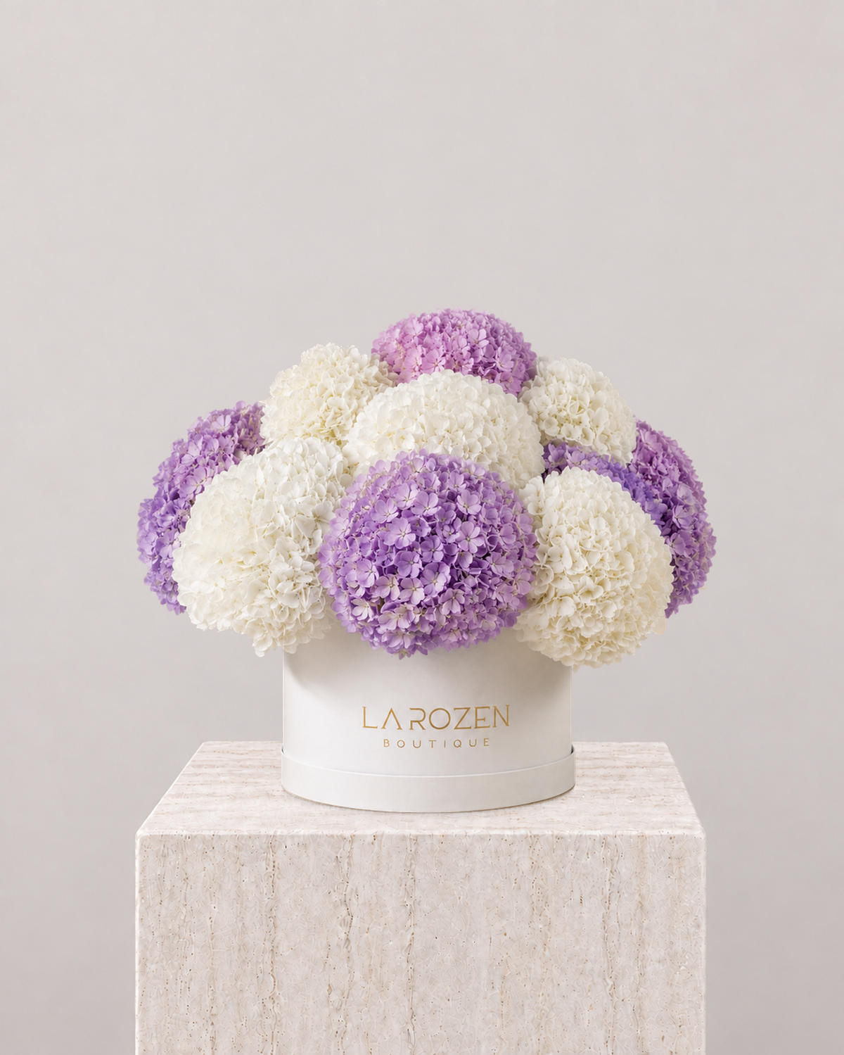 Purple & White Hydrangea Hat Box - La Rozen Luxury Flowers Dubai