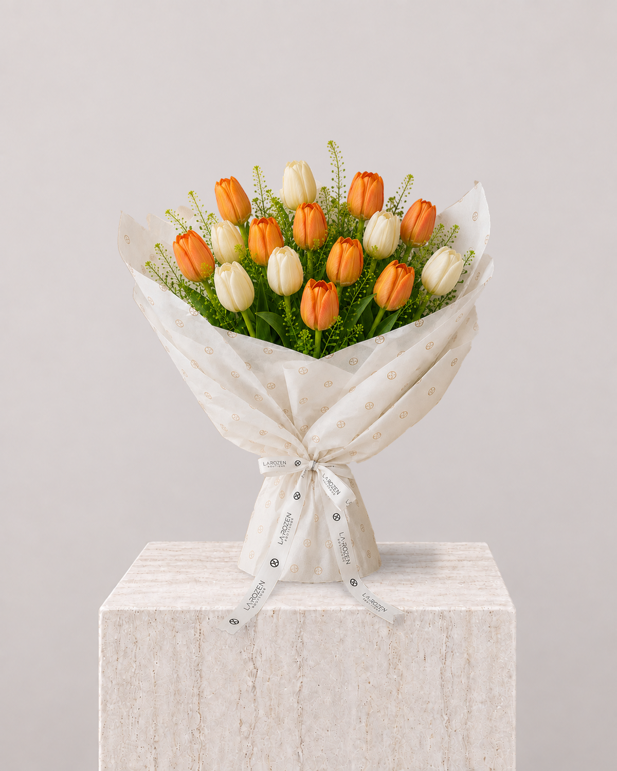 White & Orange Tulip Bouquet - La Rozen Luxury Flowers Dubai
