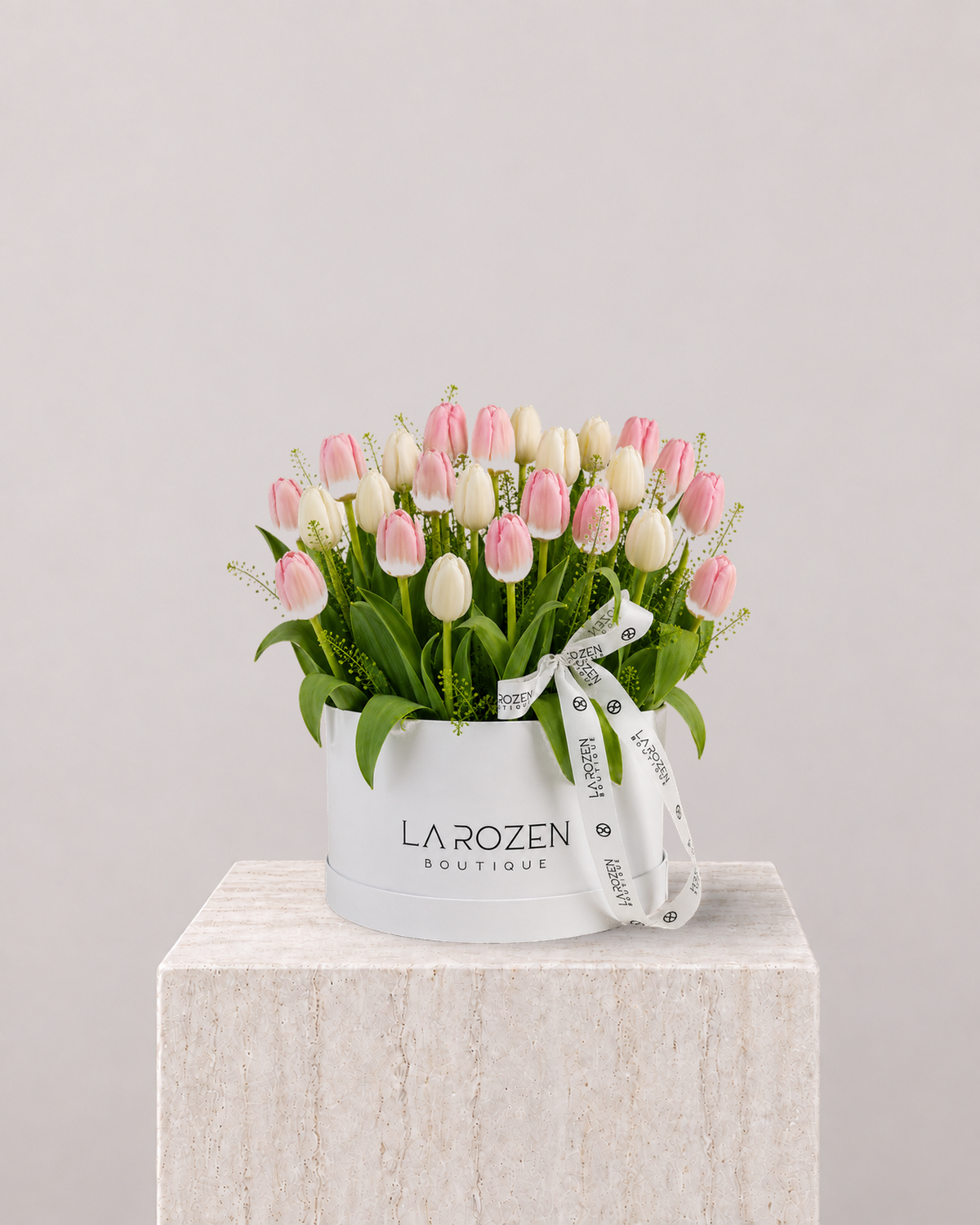 White & Pink Tulip Hat Box - La Rozen Luxury Flowers Dubai