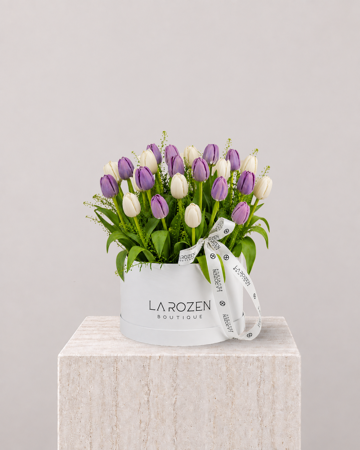 White & Purple Tulip Hat Box - La Rozen Luxury Flowers Dubai