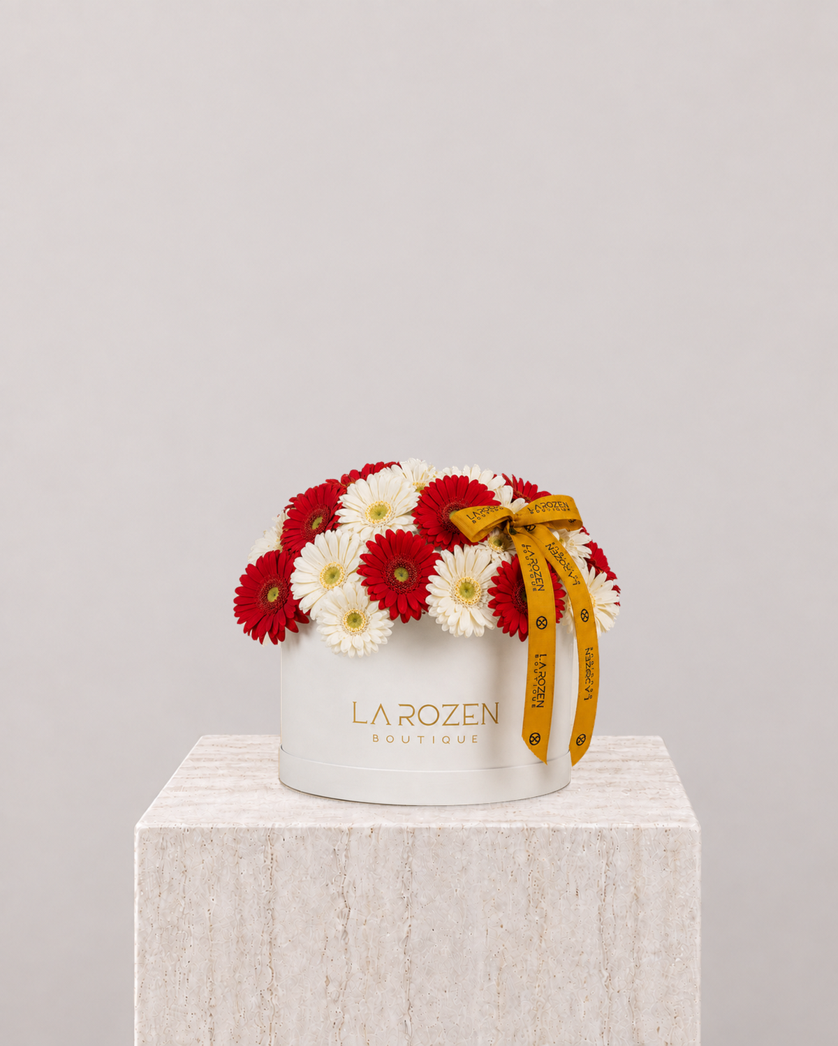 White & Red Gerbera Hat Box - La Rozen Luxury Flowers Dubai