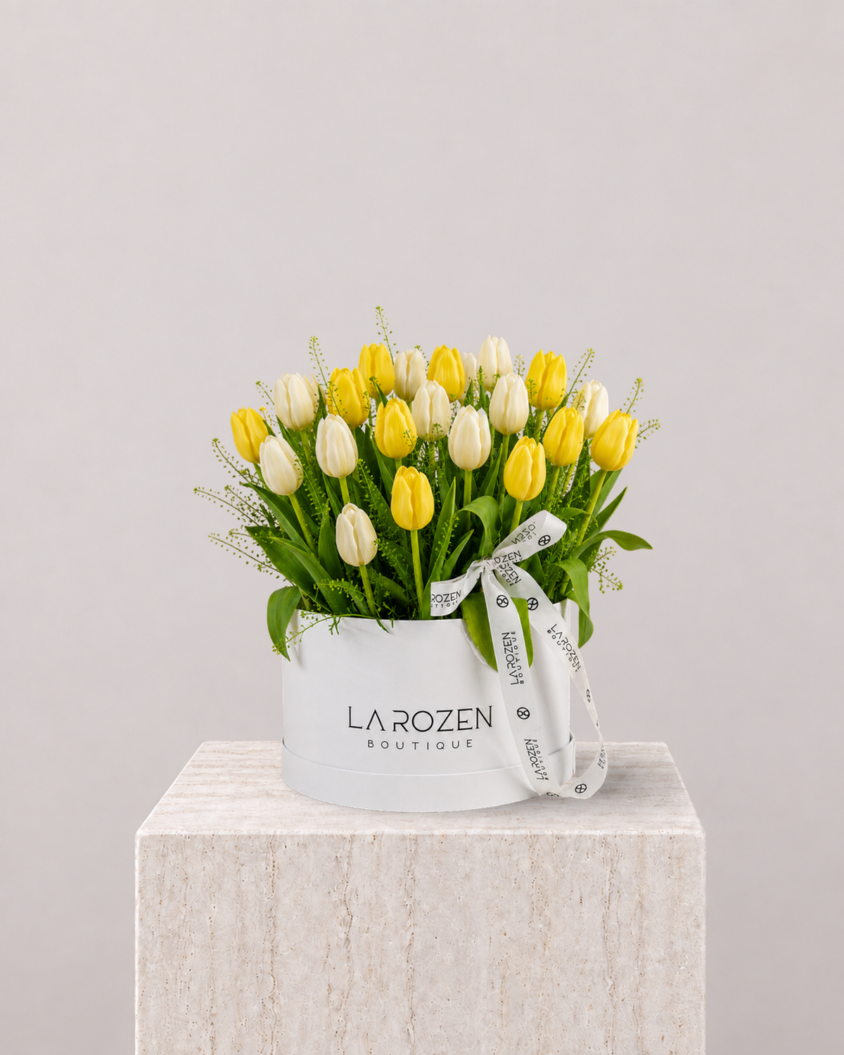 White & Yellow Tulip Hat Box - La Rozen Luxury Flowers Dubai