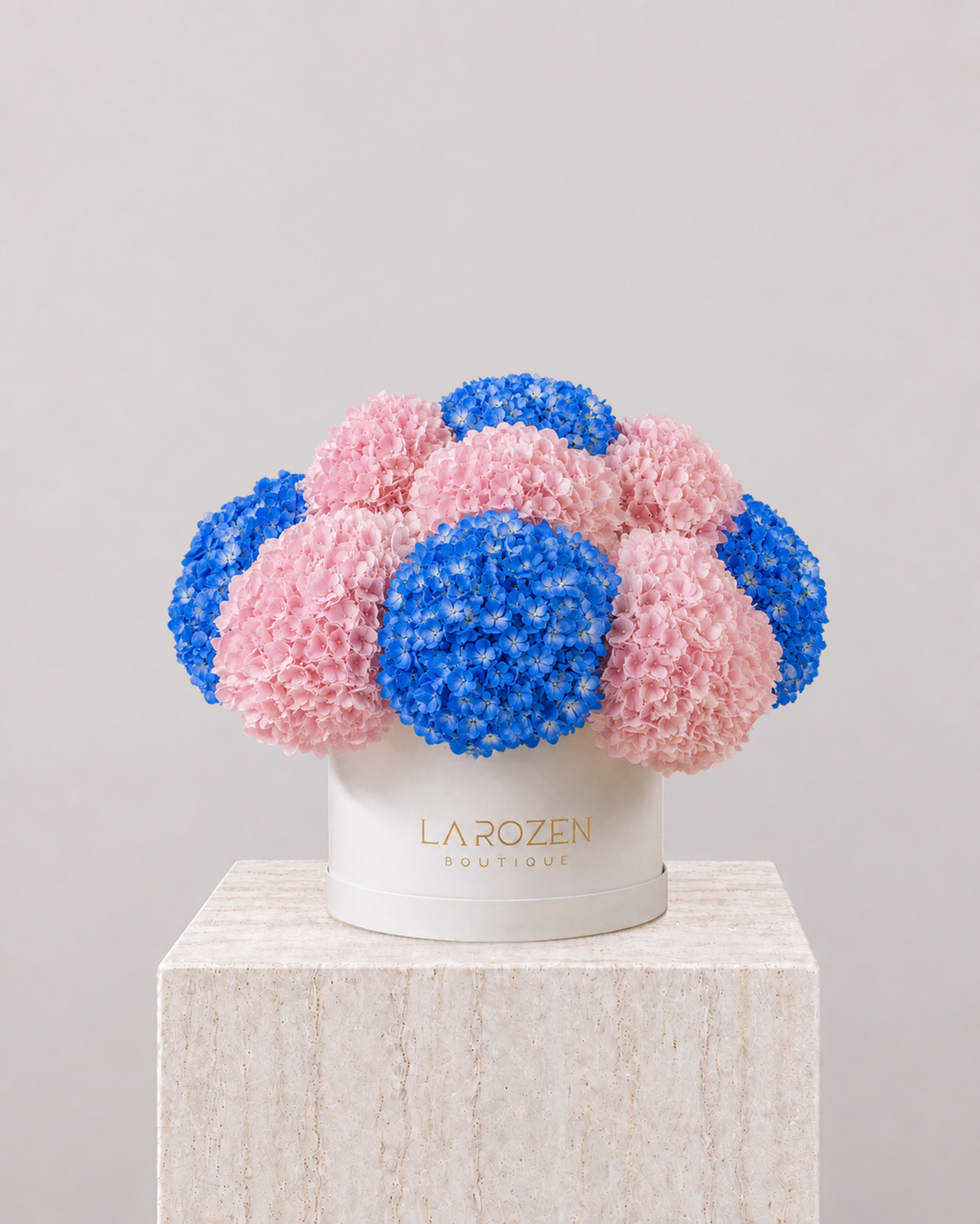 Blue & Pink Hydrangea Hat Box - La Rozen Luxury Flowers Dubai