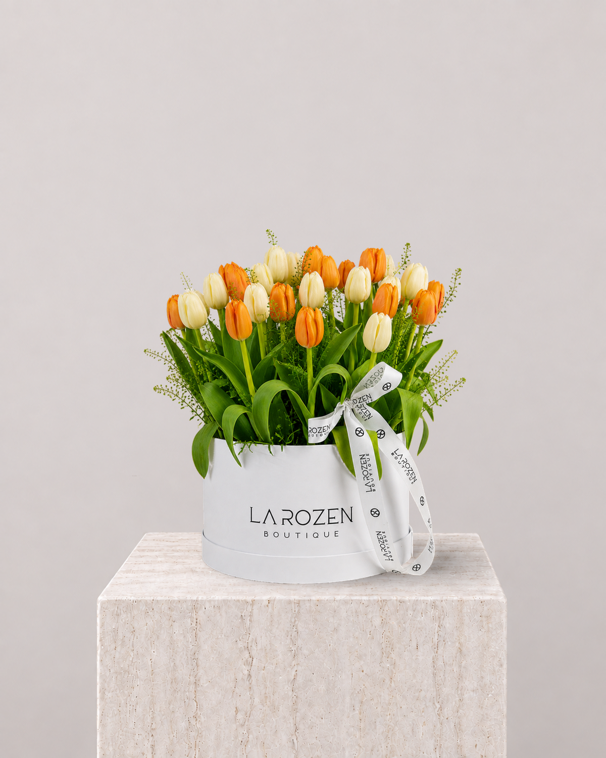 White & Orange Tulip Hat Box - La Rozen Luxury Flowers Dubai